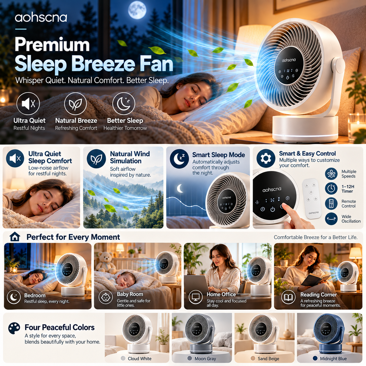 aohscna Premium Sleep Breeze Fan – Ultra Quiet Smart Fan with Natural Wind Simulation & Sleep Comfort Mode
