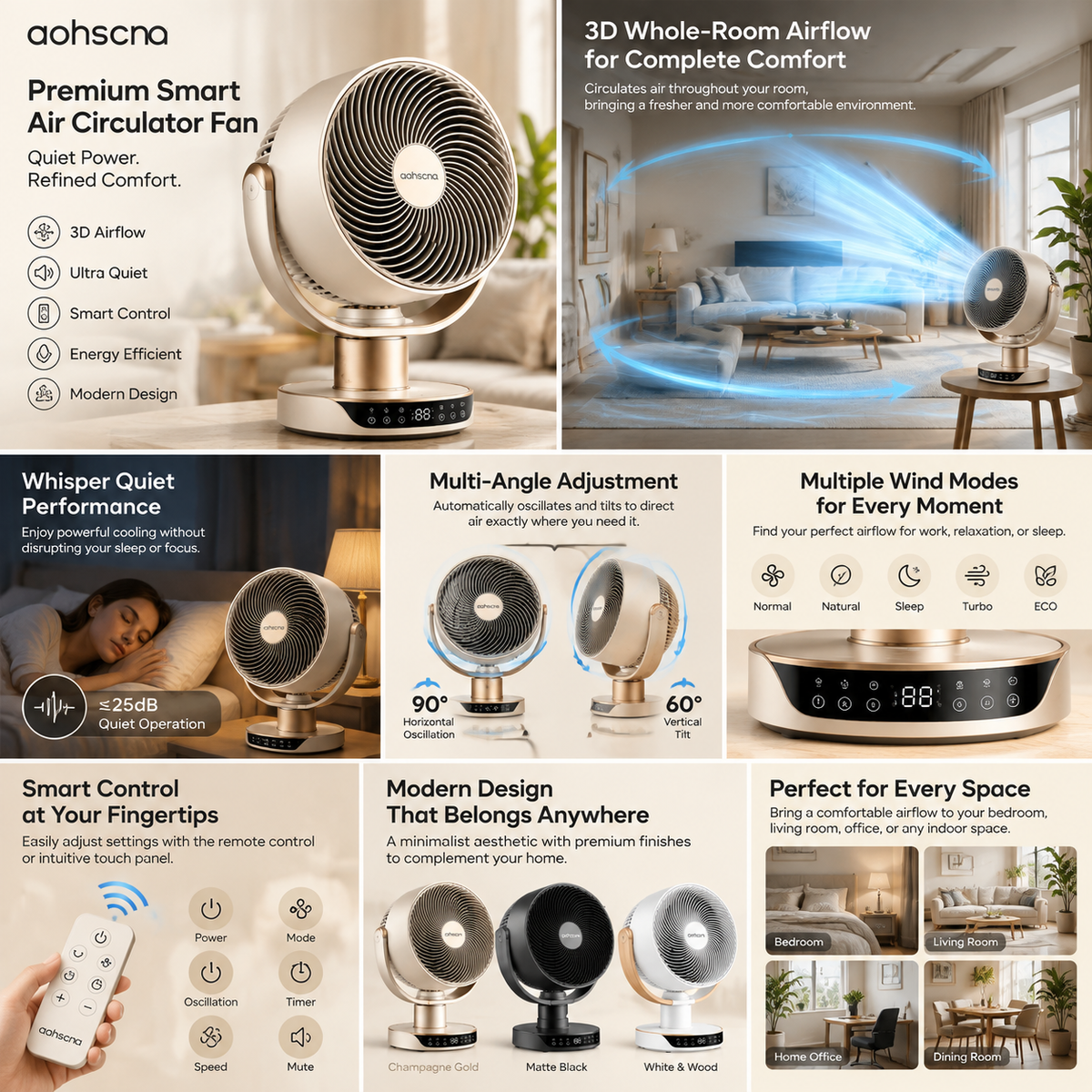 aohscna Premium Smart Air Circulator Fan – Ultra Quiet 3D Airflow Cooling Fan for Whole Room Comfort