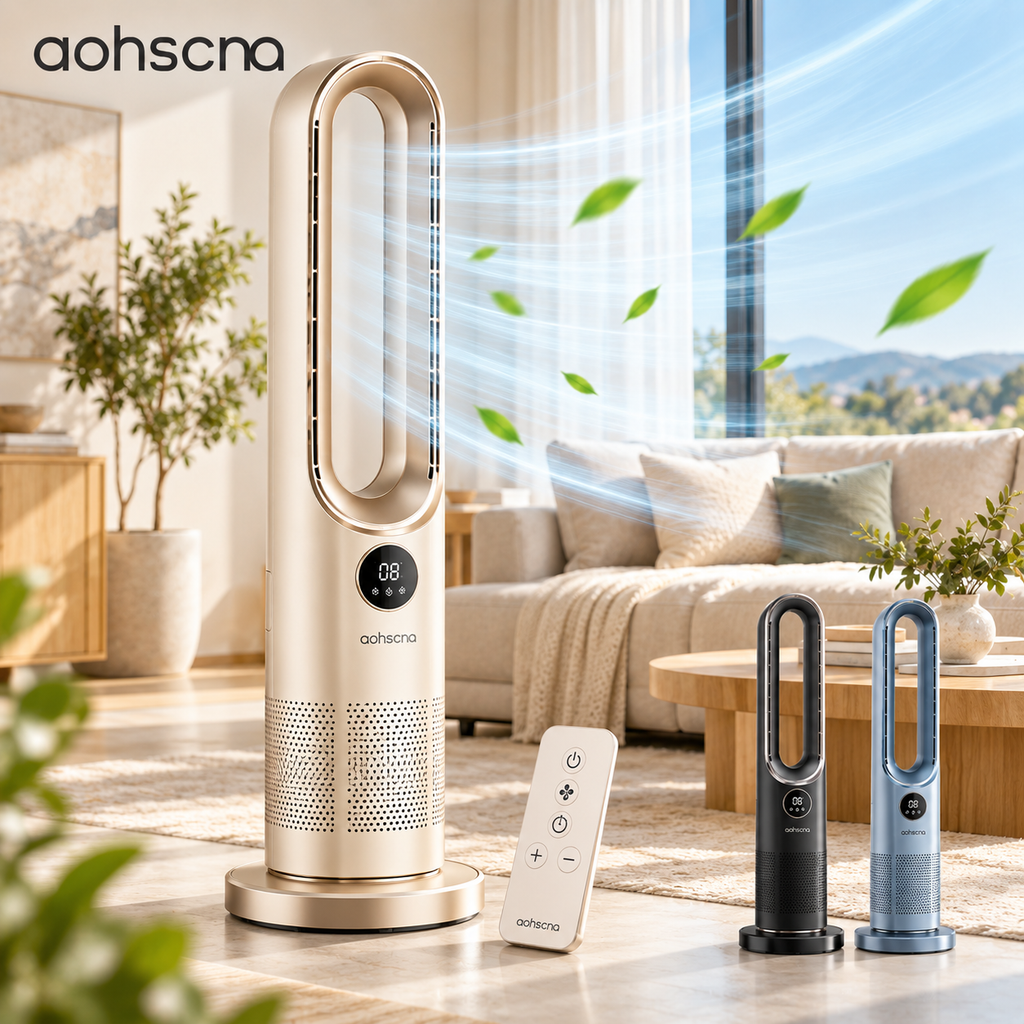 aohscna Smart Tower Fan – Elegant Bladeless Cooling Fan Designed for Quiet Comfort and Whole-Room Airflow