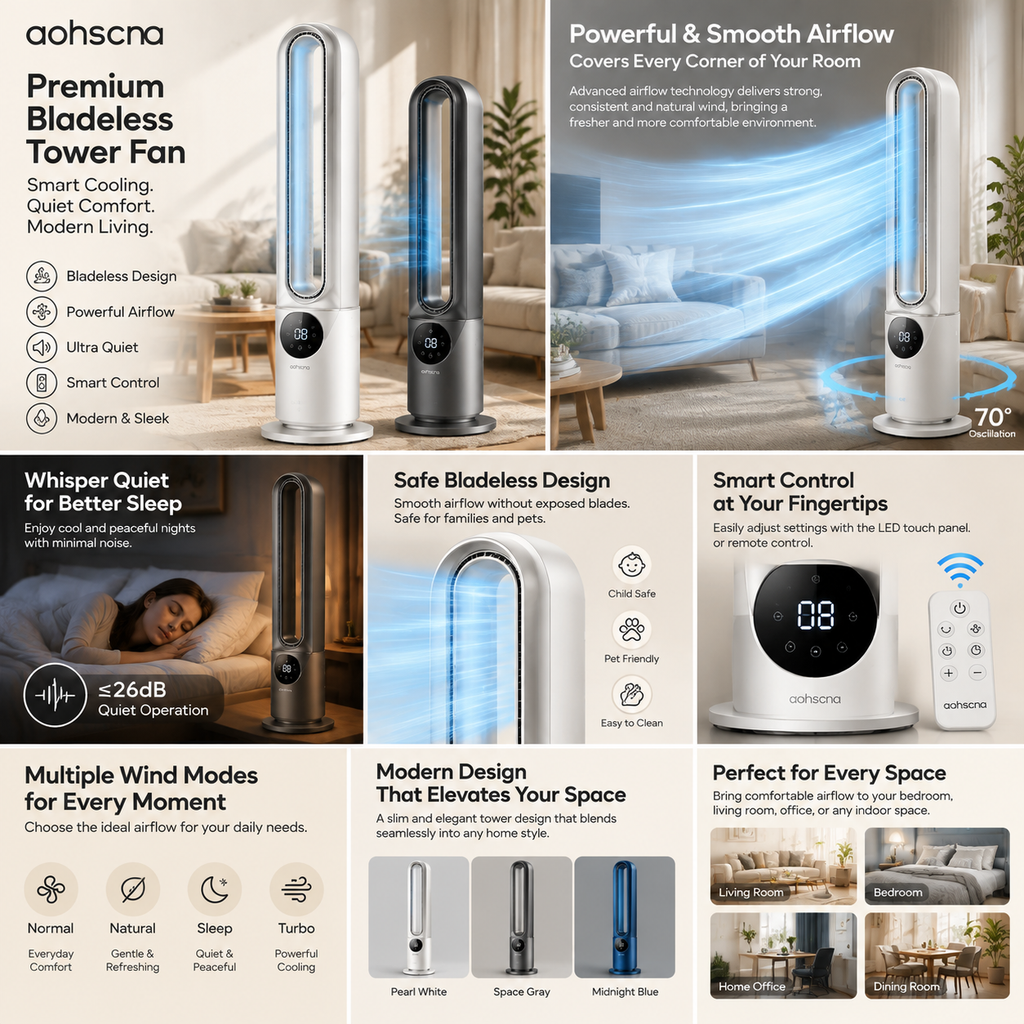 aohscna Smart Tower Fan – Elegant Bladeless Cooling Fan Designed for Quiet Comfort and Whole-Room Airflow