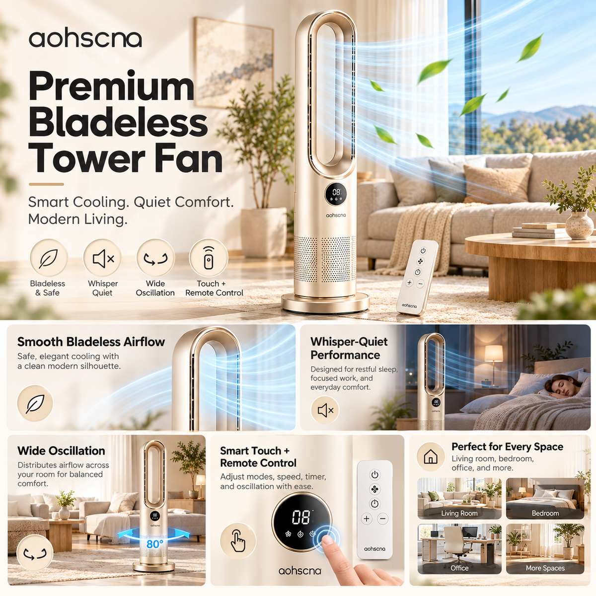 aohscna Smart Tower Fan – Elegant Bladeless Cooling Fan Designed for Quiet Comfort and Whole-Room Airflow