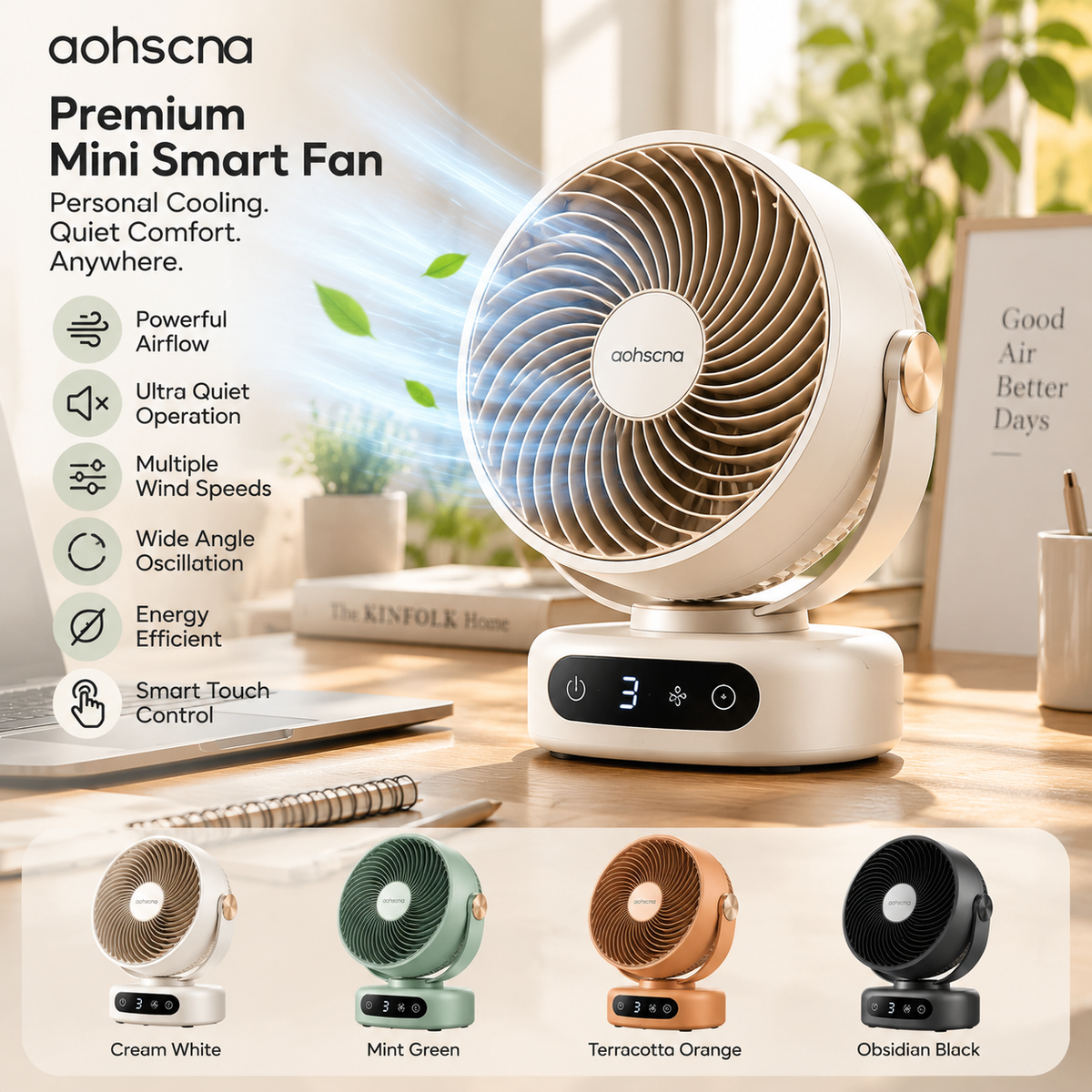 aohscna Premium Mini Smart Fan – Ultra Quiet Personal Cooling Fan with Powerful Airflow & Modern Desktop Design