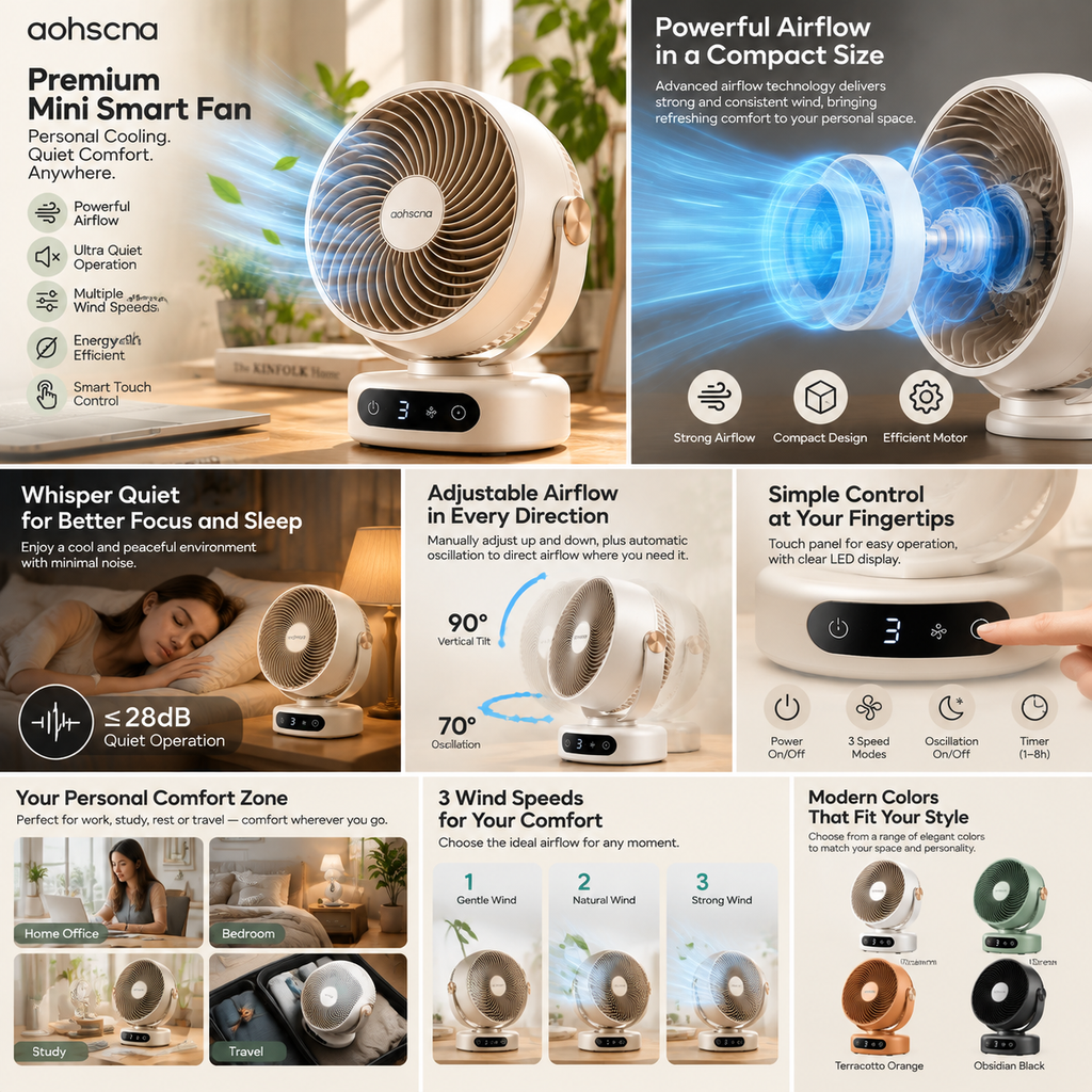 aohscna Premium Mini Smart Fan – Ultra Quiet Personal Cooling Fan with Powerful Airflow & Modern Desktop Design
