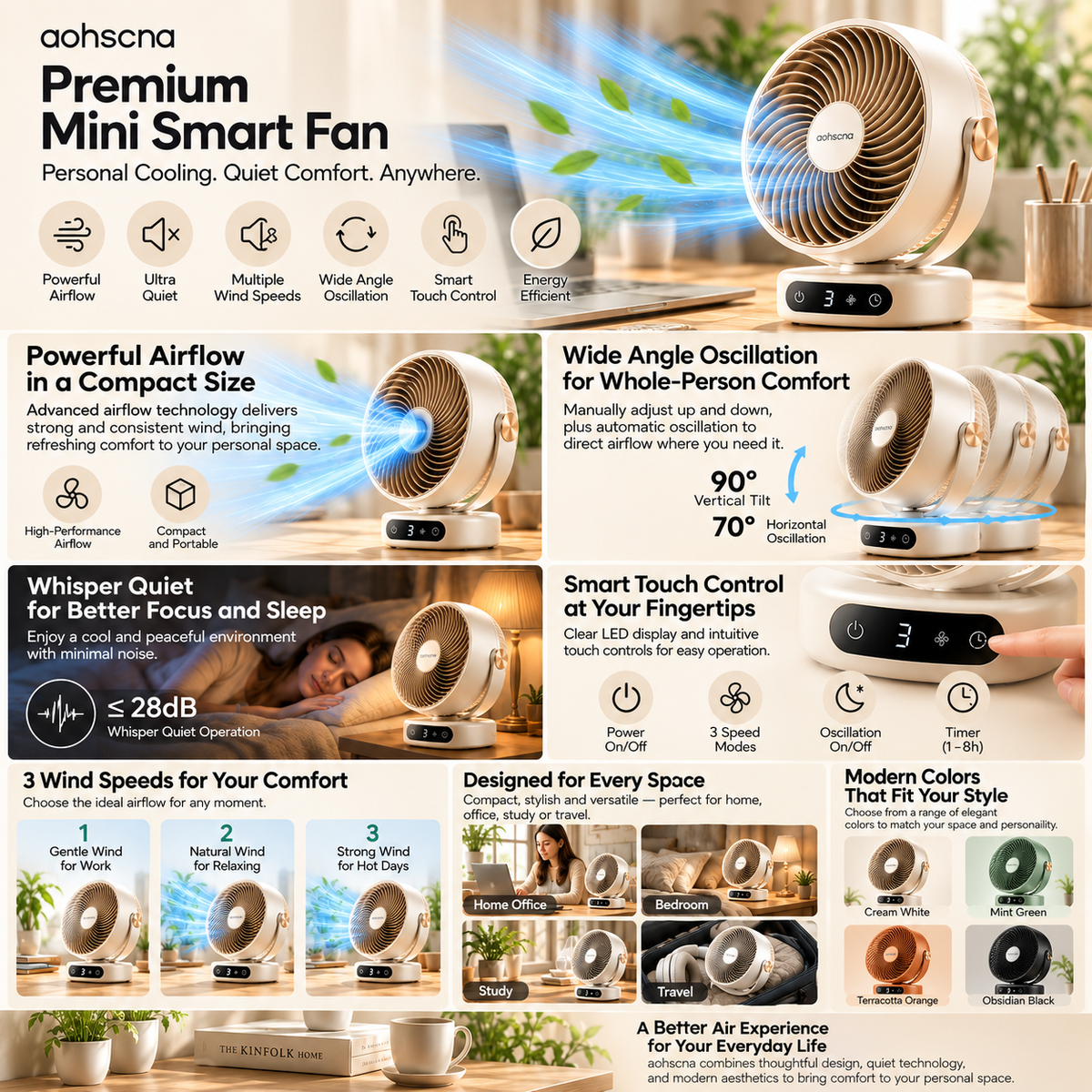 aohscna Premium Mini Smart Fan – Ultra Quiet Personal Cooling Fan with Powerful Airflow & Modern Desktop Design