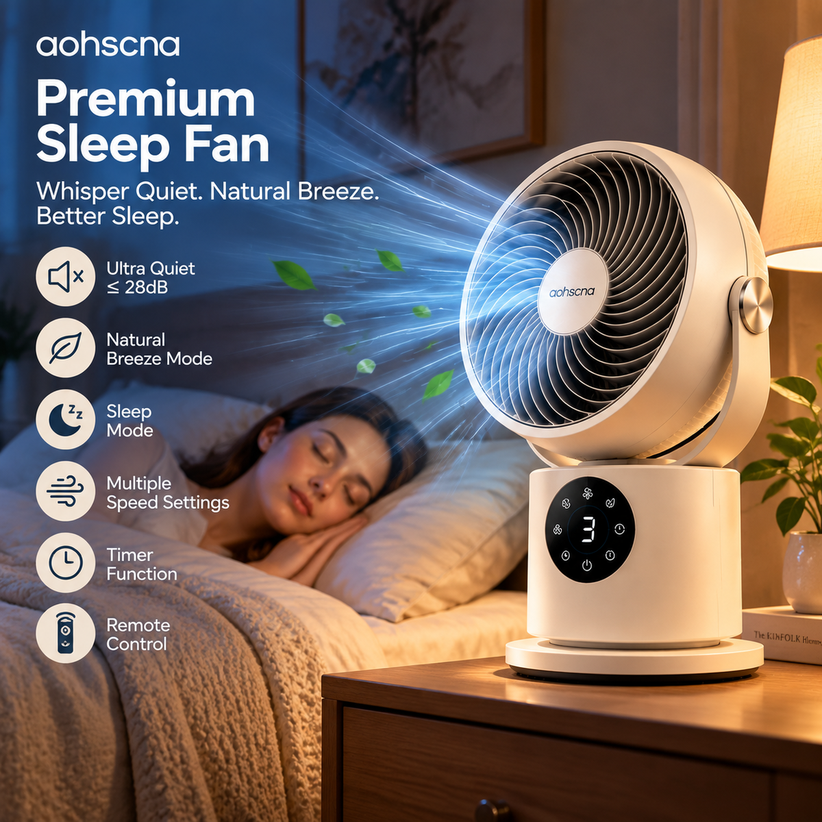 aohscna Premium Sleep Fan – Ultra Quiet Smart Cooling Fan with Natural Breeze Technology for Restful Sleep