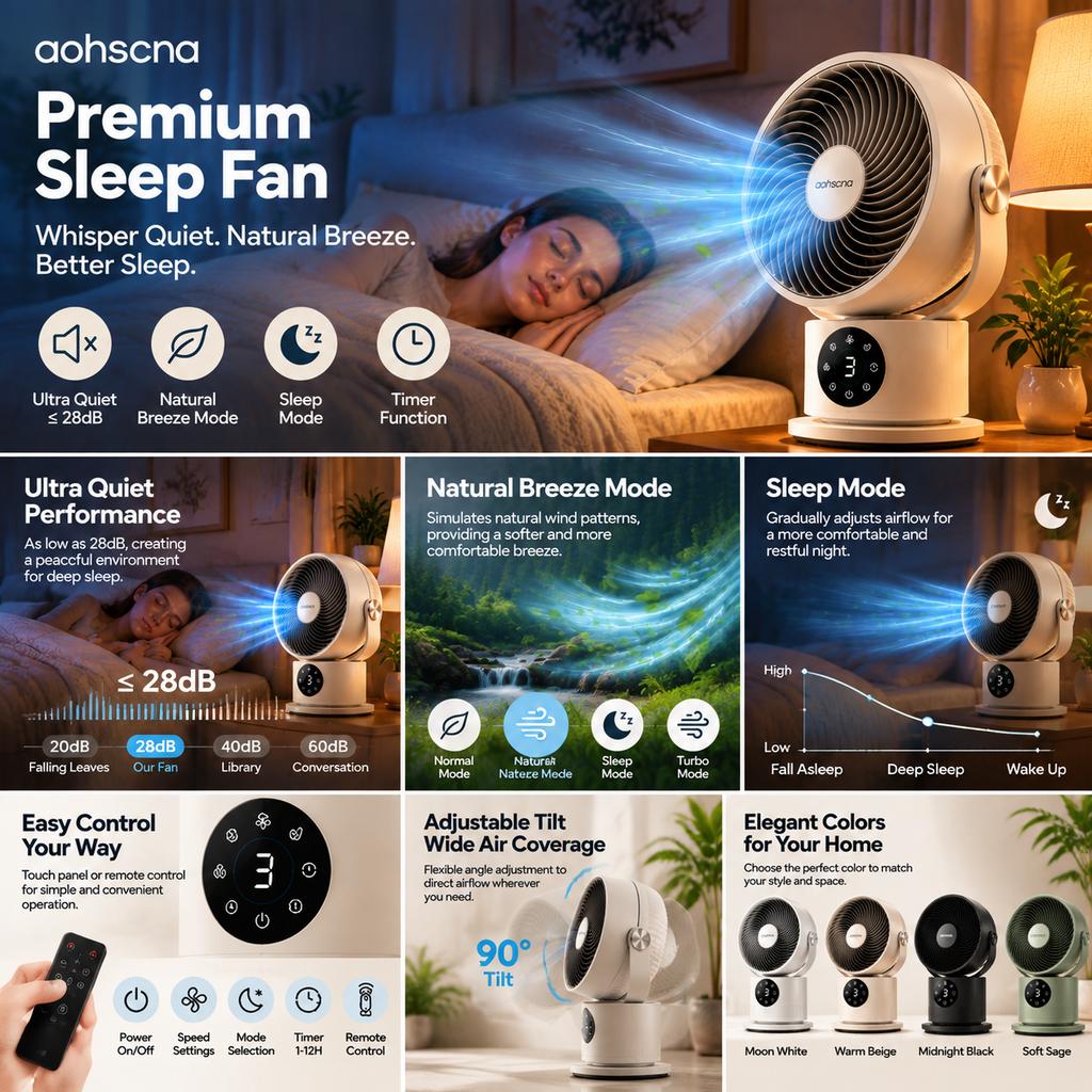 aohscna Premium Sleep Fan – Ultra Quiet Smart Cooling Fan with Natural Breeze Technology for Restful Sleep