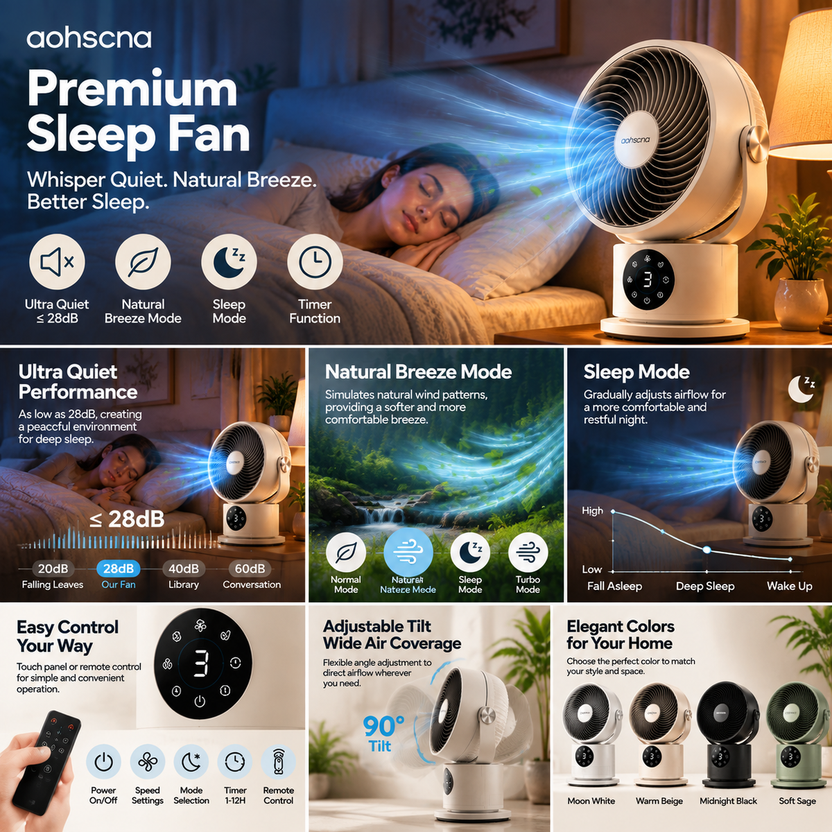 aohscna Premium Sleep Fan – Ultra Quiet Smart Cooling Fan with Natural Breeze Technology for Restful Sleep