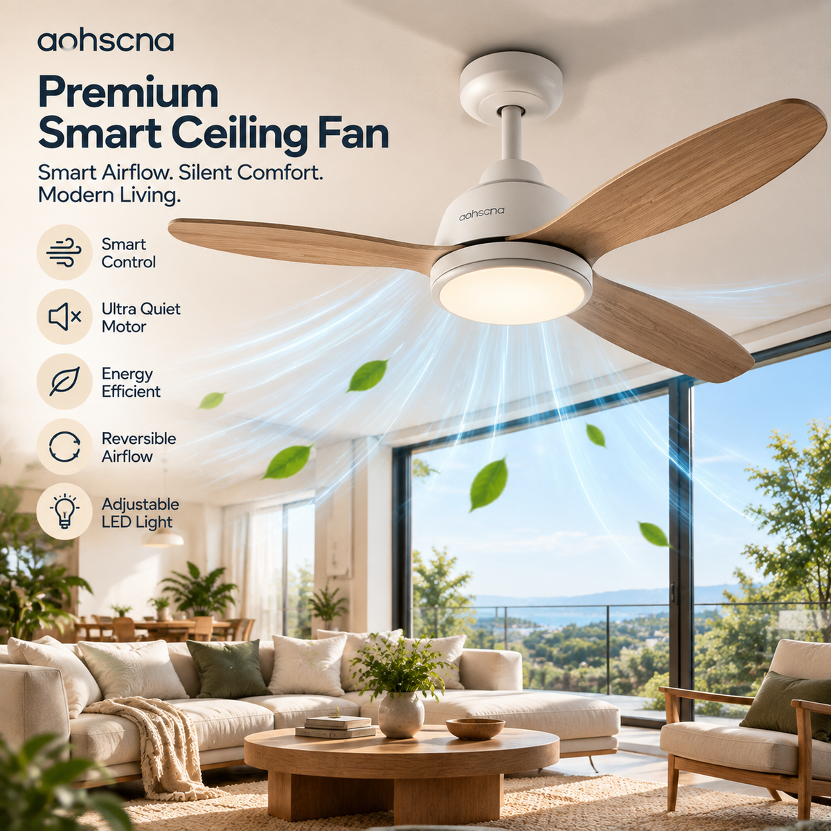 aohscna Premium Smart Ceiling Fan – Modern Quiet Ceiling Fan with Intelligent Control & Energy Efficient Airflow