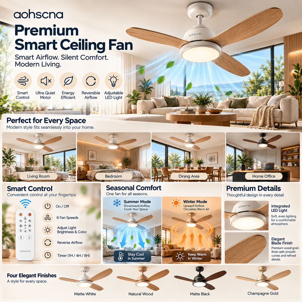 aohscna Premium Smart Ceiling Fan – Modern Quiet Ceiling Fan with Intelligent Control & Energy Efficient Airflow