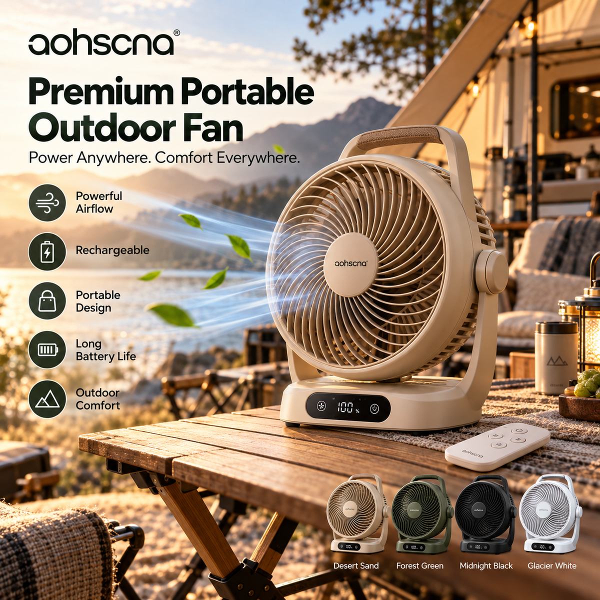 aohscna Premium Portable Outdoor Fan – Rechargeable Smart Fan with Powerful Airflow & Long Battery Life