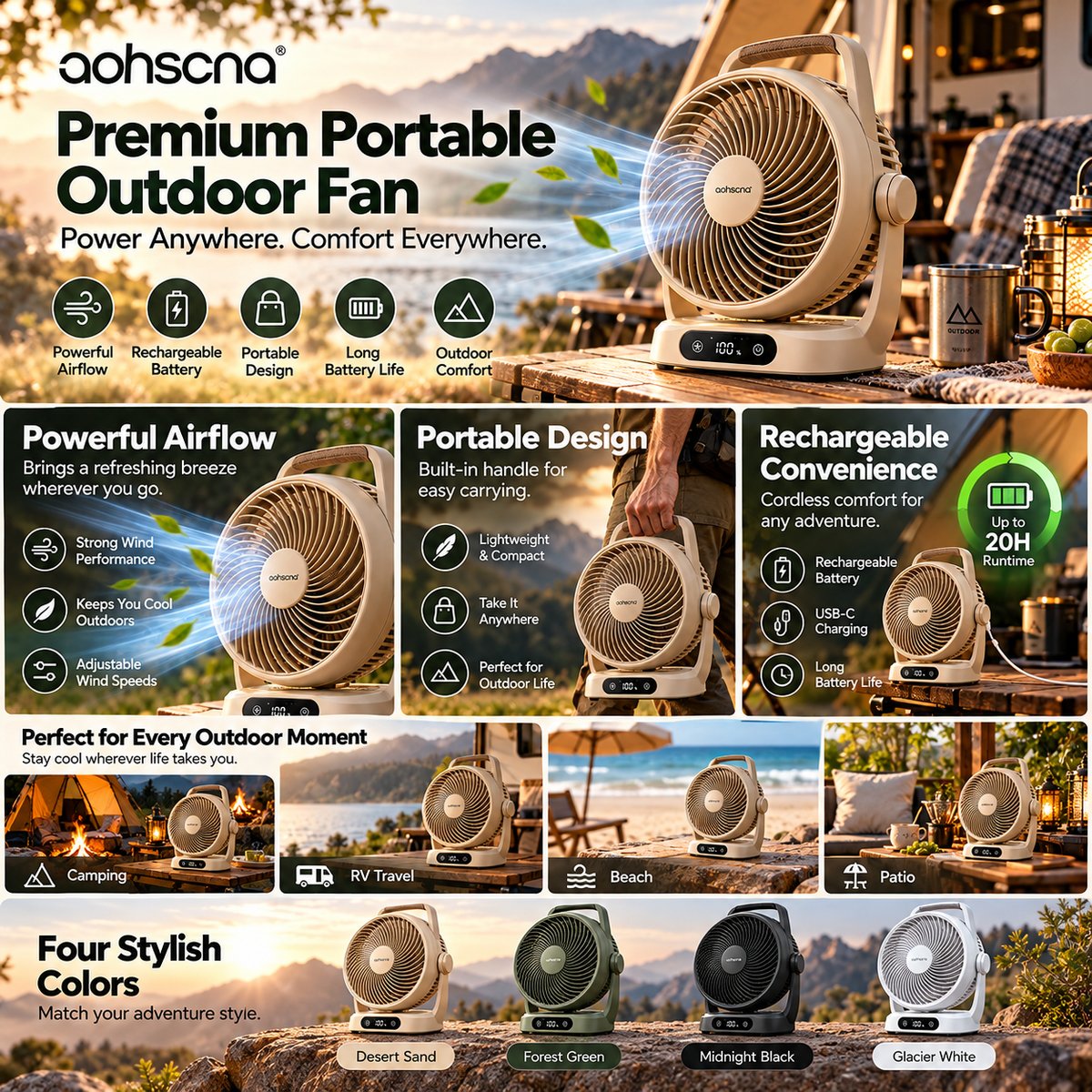aohscna Premium Portable Outdoor Fan – Rechargeable Smart Fan with Powerful Airflow & Long Battery Life