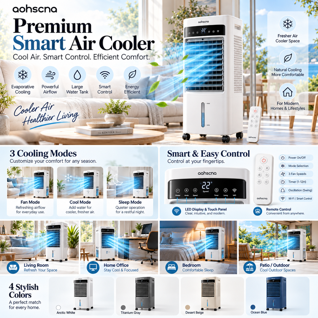 aohscna Premium Smart Air Cooler – Advanced Evaporative Cooling System with Powerful Airflow & Intelligent Control