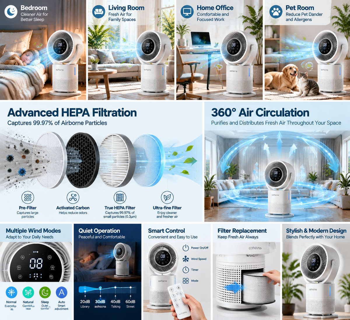 aohscna Premium Air Purifying Fan – Smart HEPA Air Cleaner with Powerful Air Circulation & Quiet Cooling