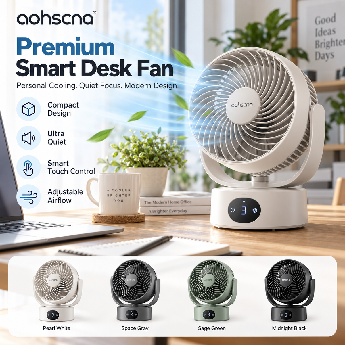 aohscna Premium Smart Desk Fan – Compact Personal Air Circulator with Quiet Motor & Intelligent Touch Control