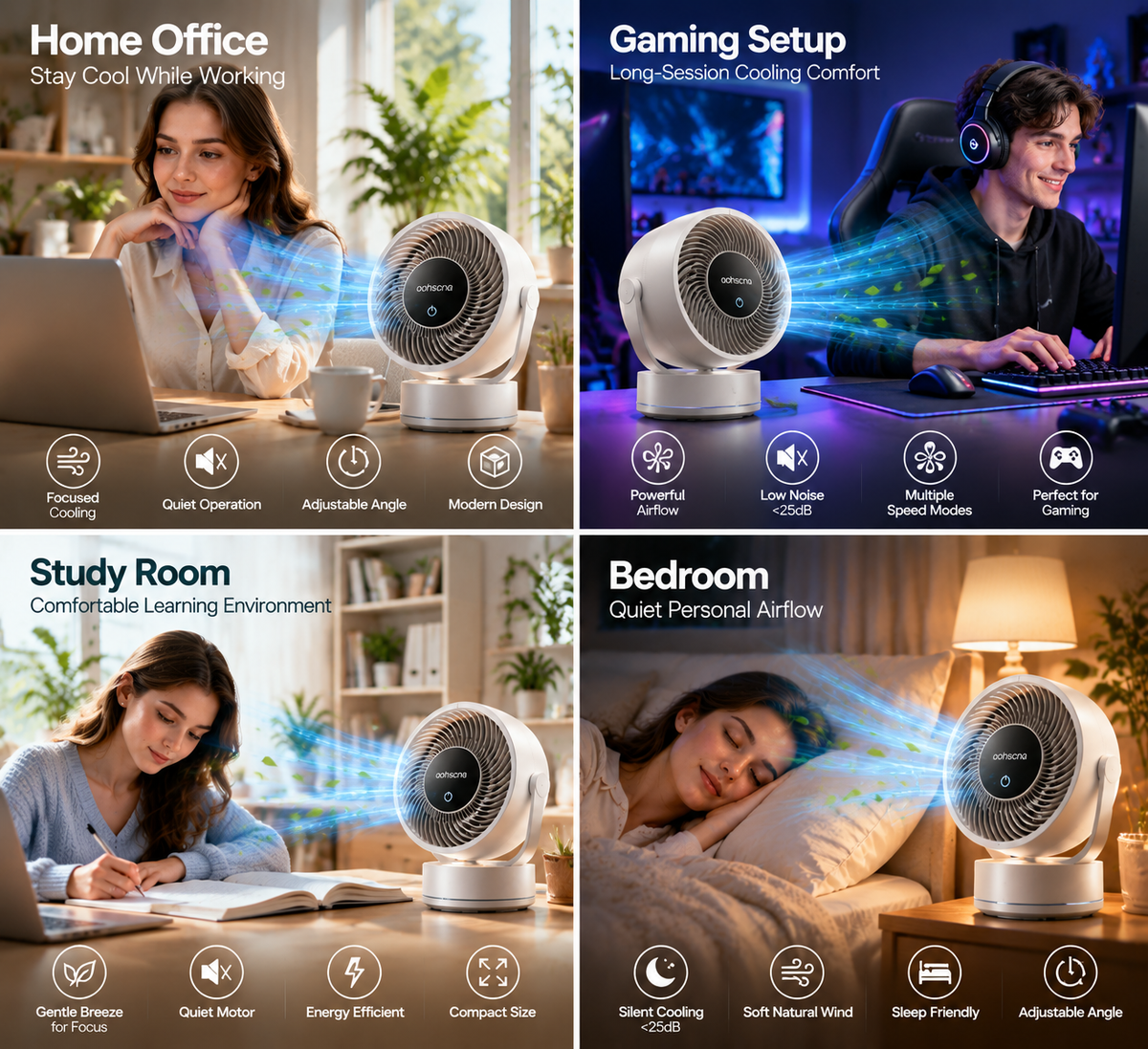 aohscna Premium Smart Desk Fan – Compact Personal Air Circulator with Quiet Motor & Intelligent Touch Control