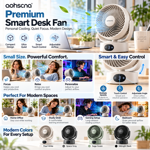 aohscna Premium Smart Desk Fan – Compact Personal Air Circulator with Quiet Motor & Intelligent Touch Control