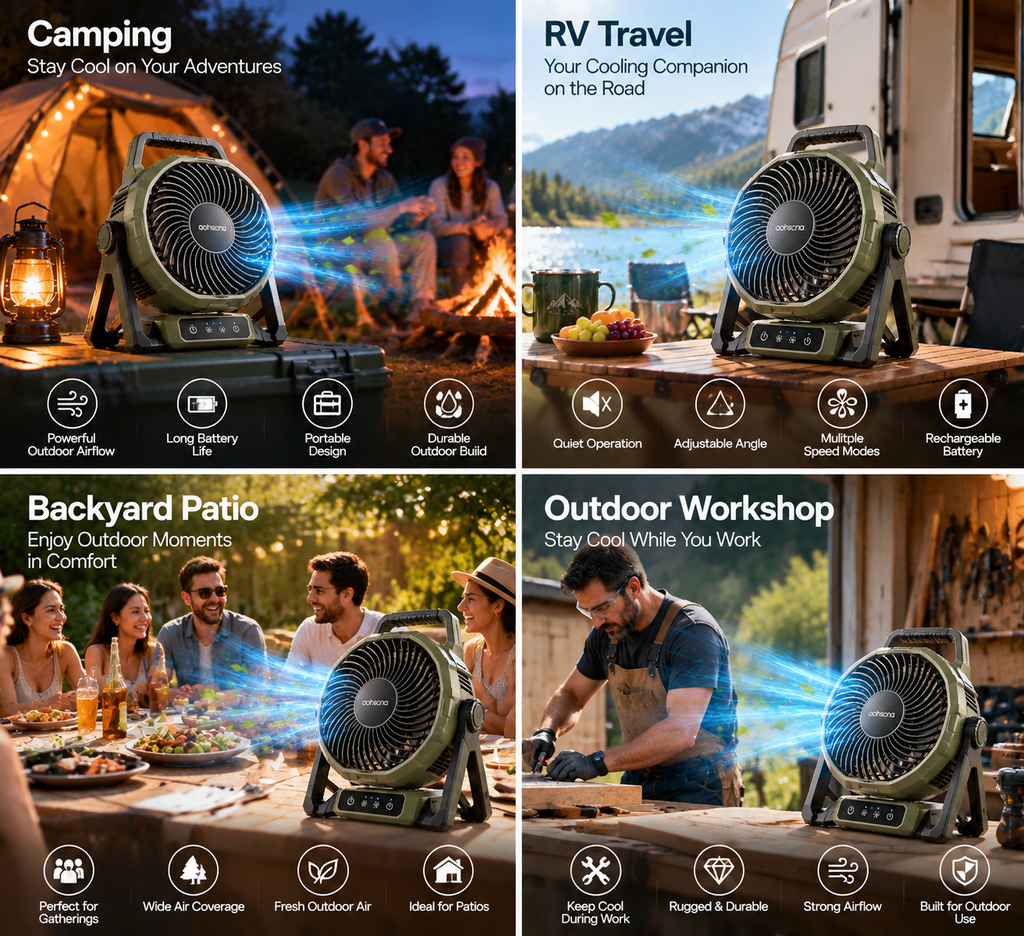 aohscna Premium Outdoor Fan – Portable Rechargeable Air Circulator with Powerful Cooling & Long-Lasting Battery