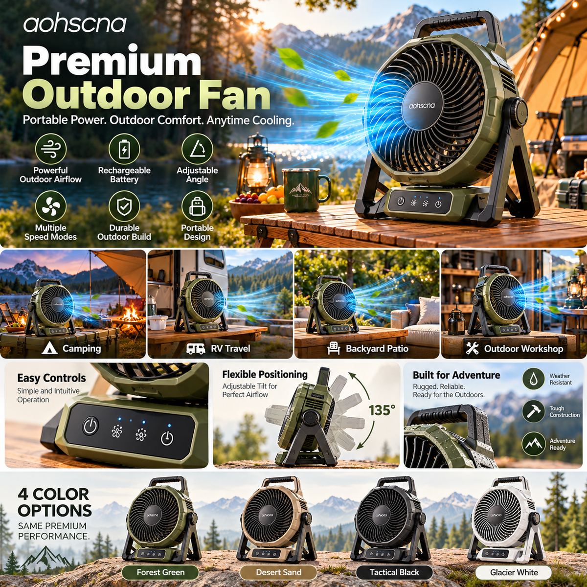 aohscna Premium Outdoor Fan – Portable Rechargeable Air Circulator with Powerful Cooling & Long-Lasting Battery