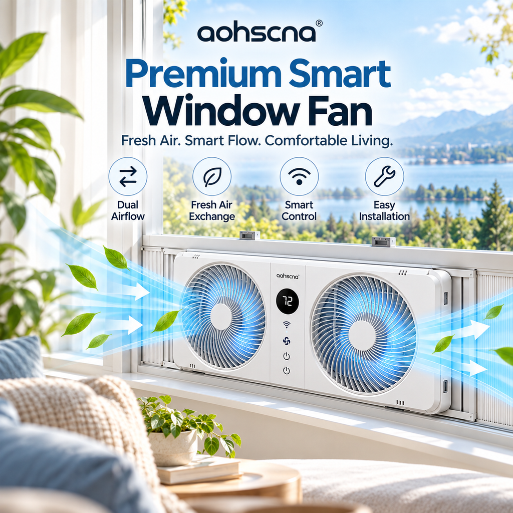 aohscna Premium Smart Window Fan – Intelligent Air Exchange System with Dual Airflow & Smart Cooling Control