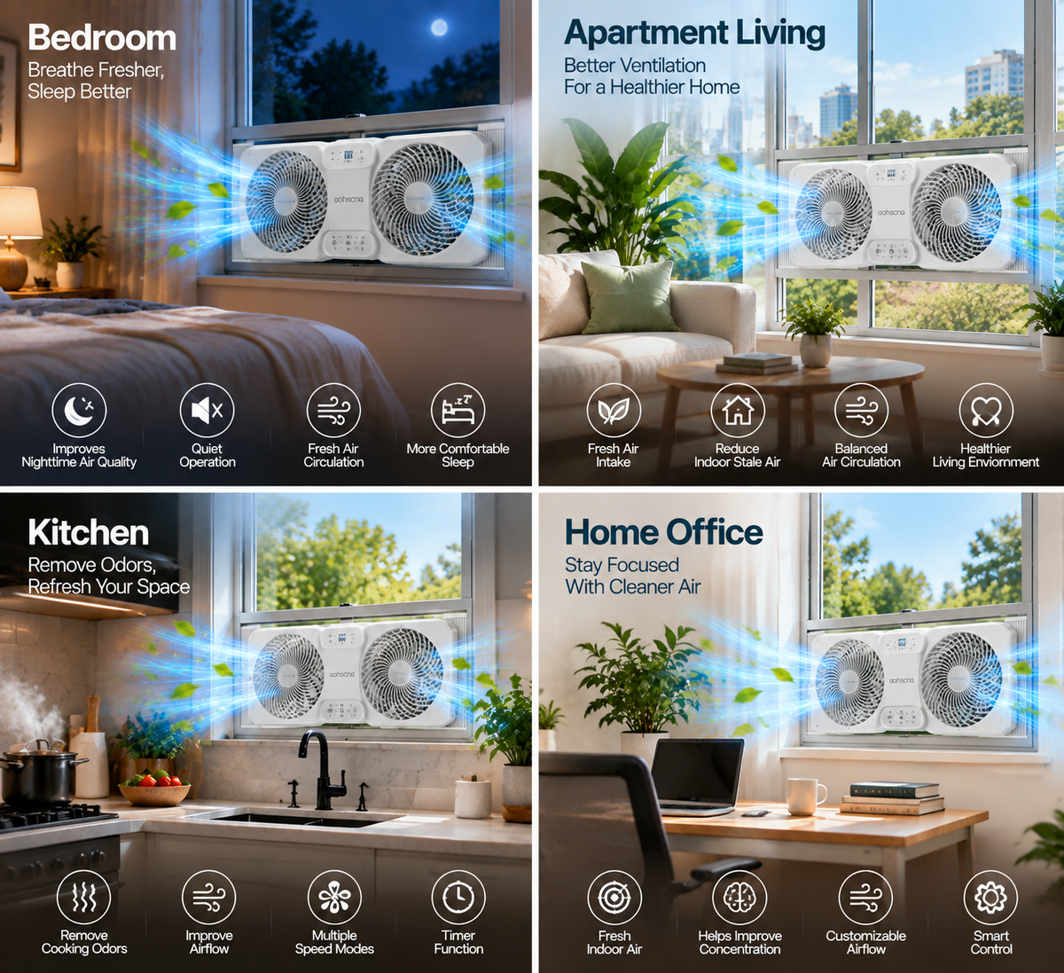 aohscna Premium Smart Window Fan – Intelligent Air Exchange System with Dual Airflow & Smart Cooling Control