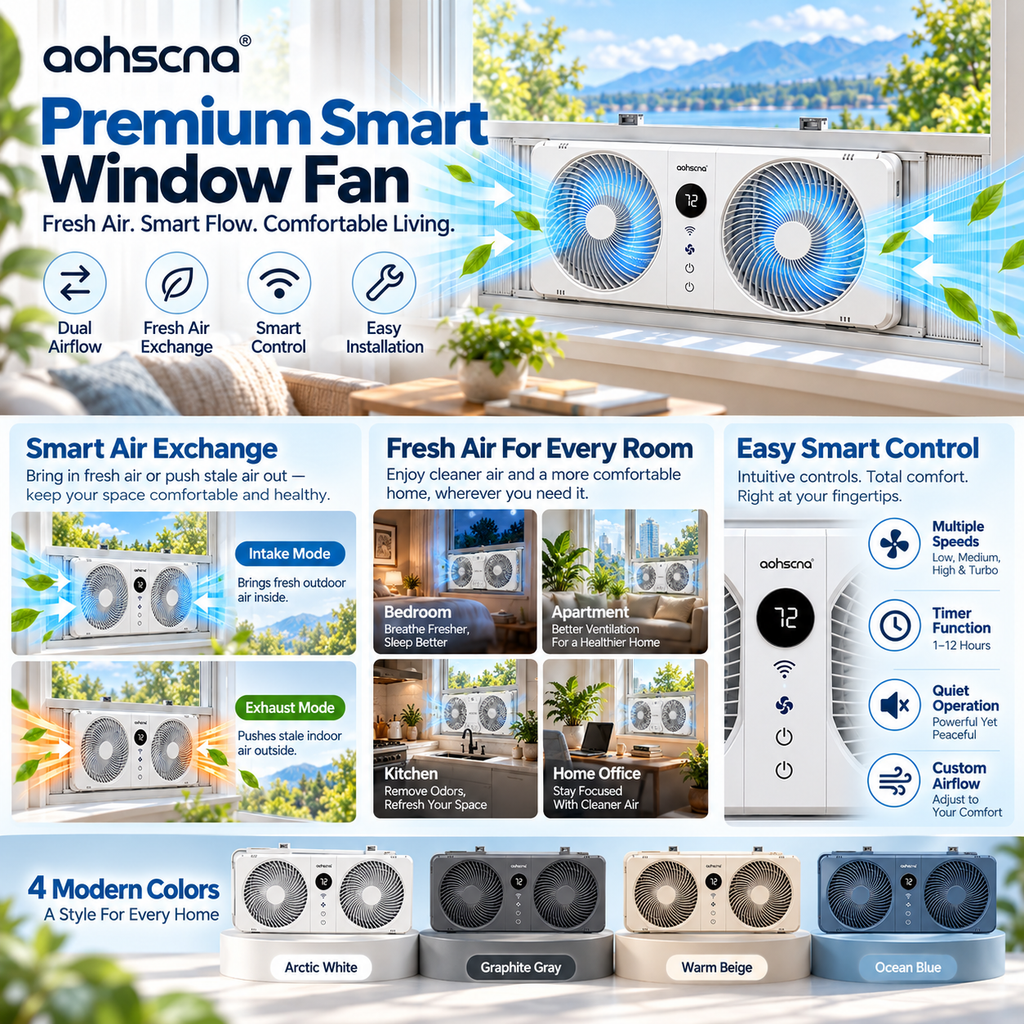 aohscna Premium Smart Window Fan – Intelligent Air Exchange System with Dual Airflow & Smart Cooling Control